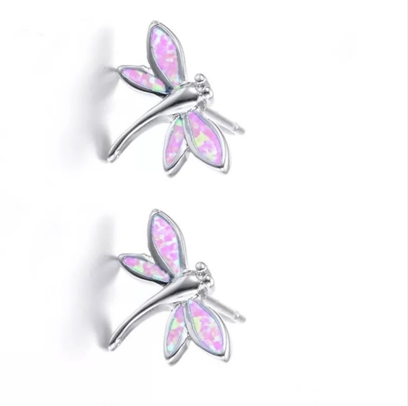 Dainty Simulated Pink Opal Dragonfly Earring w/ Silver Overlay - Picture 2 of 2